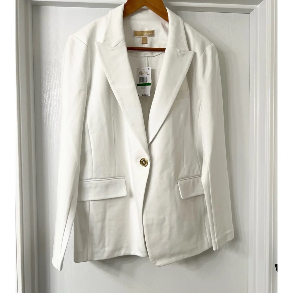 MICHAEL Kors White Ponte Knit Notch Lapel Long Sleeve Button Front Blazer - Picture 8 of 12